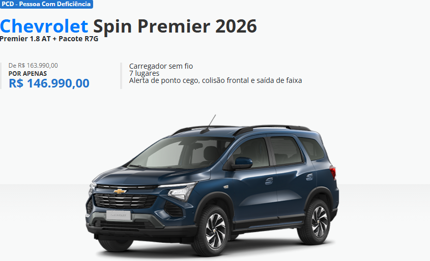 Chevrolet Spin Premier ganha desconto de R$ 14.800,00 para PcD em abril