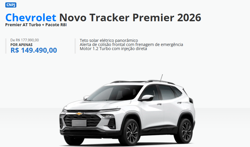 Chevrolet libera R$ 28.500,00 de desconto no Tracker Premier para CNPJ em abril