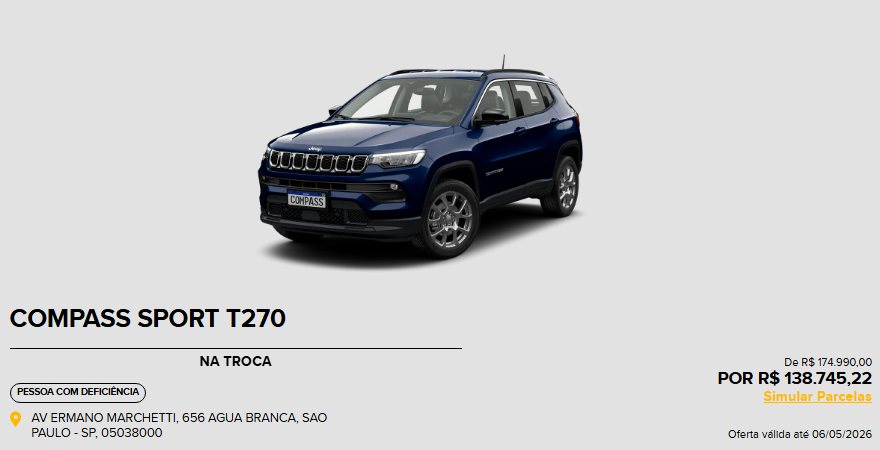 Jeep libera R$ 36.244,78 de desconto no Compass Sport para PcD em abril