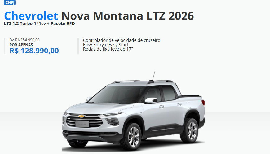 Chevrolet Montana LTZ ganha desconto de R$ 26.000,00 para CNPJ em abril
