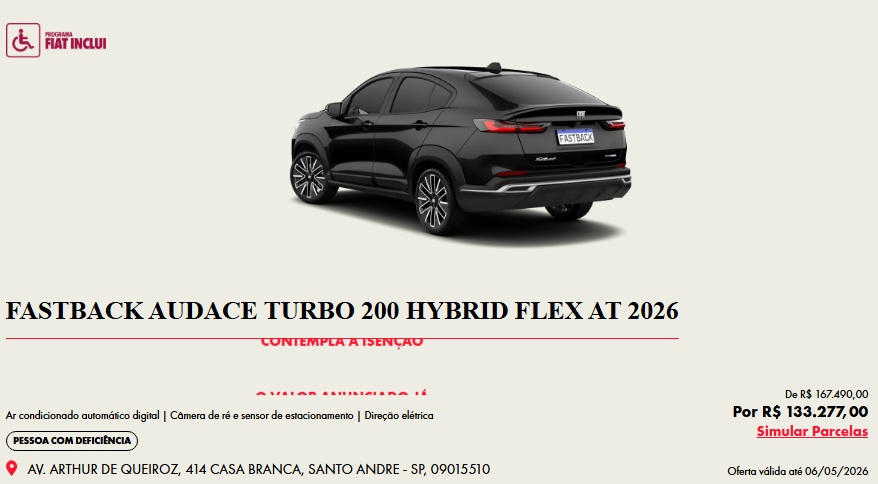 Fiat Fastback Audace Hybrid fica R$ 34.213,00 mais barato para PcD em abril