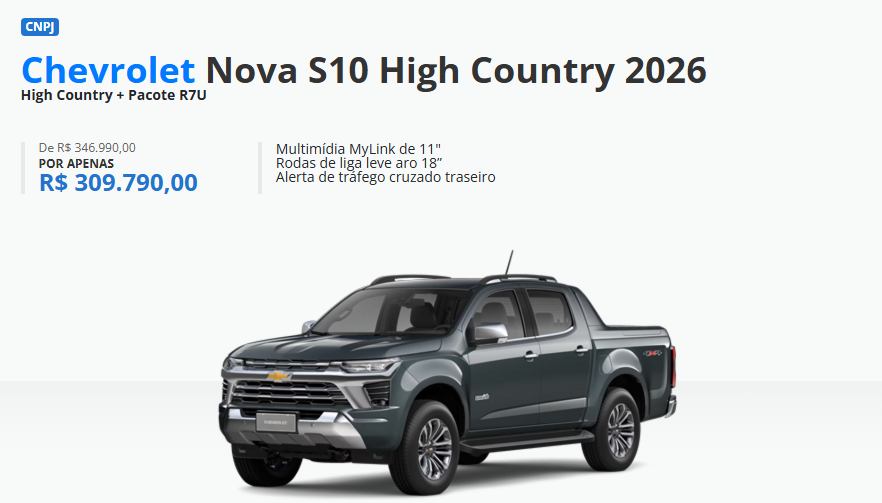 Chevrolet S10 High Country fica R$ 37.200,00 mais barato para CNPJ em abril