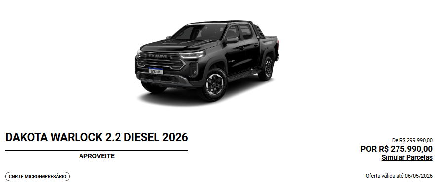 Ram Dakota Warlock ganha desconto de R$ 24.000,00 para CNPJ em abril
