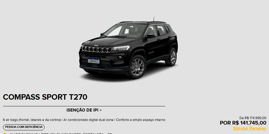 Jeep reduz preço do Compass Sport em R$ 33.245,00 para PcD em maio