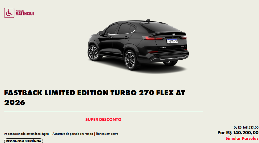 Fiat reduz preço do Fastback Limited Edition em R$ 28 mil para PcD em maio